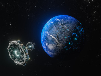 监视和研究太阳系外未知行星的卫星。美丽的抽象插图，行星在太空和闪亮的星星。有活火山的未知行星。库存图