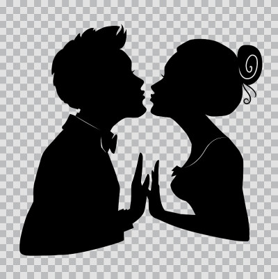 情侣的剪影。情人接吻。