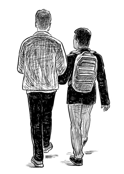 男学生在街上走的素描