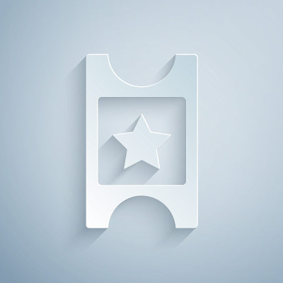Paper cut Cinema ticket icon isolated on grey back