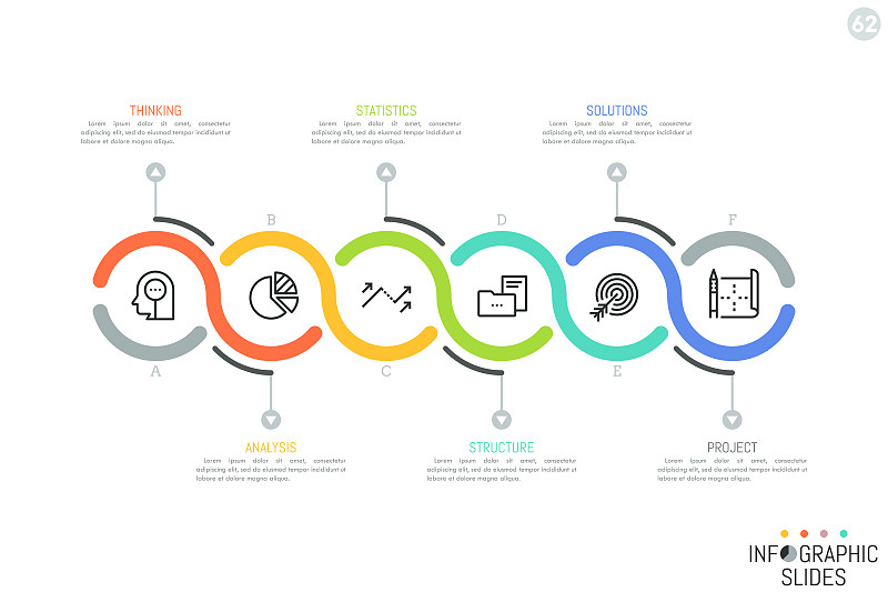 六个连续连接的字母圆形元素，图标和文本框。水平图