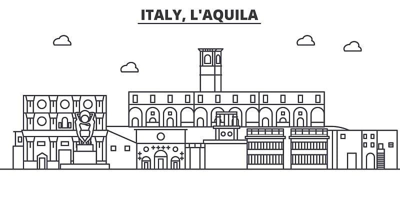 意大利阿奎拉建筑线条天际线插图。线性向量的城市景观与著名的地标，城市景观，设计图标。风景与可编辑的笔