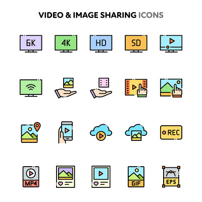 Video & Image Sharing Icon Set. Linelo Color Serie