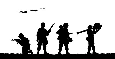 Military soldiers with guns in field. Vector silho