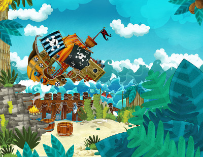 cartoon scene with pirates on the sea battle with 