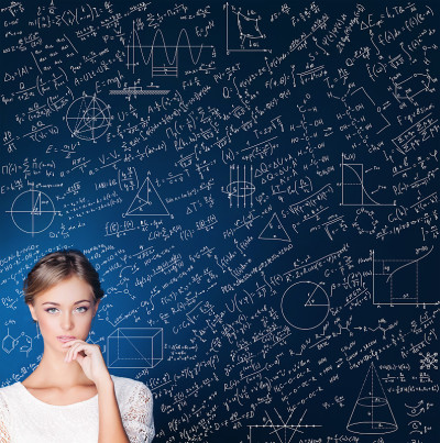 可爱女学生对蓝色科学背景的思考。教育、学生考试和毕业理念