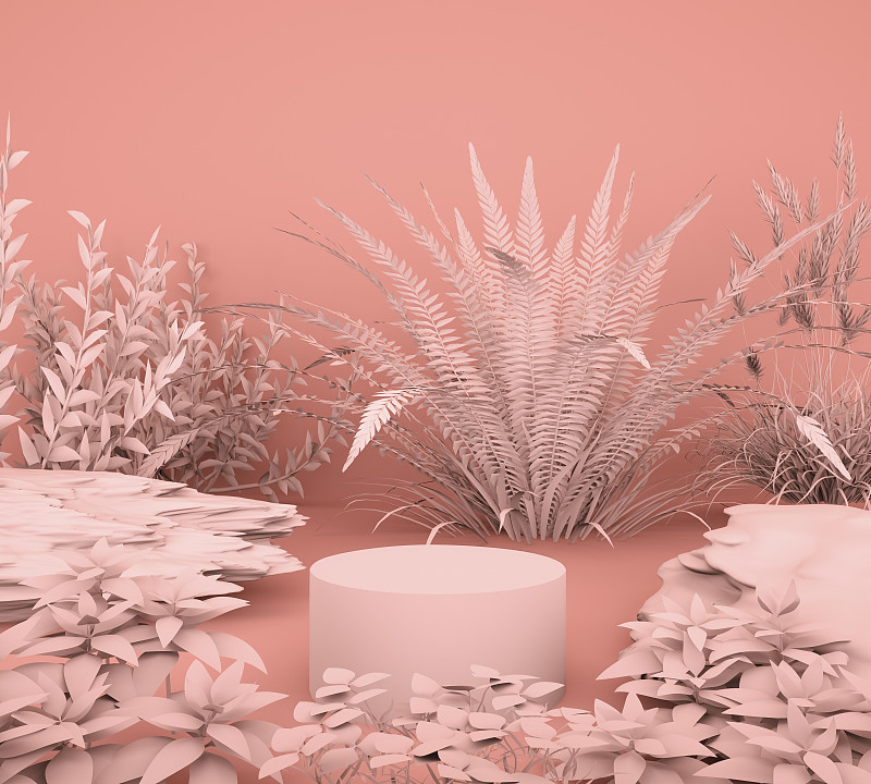 抽象模拟橙红色场景，粉色几何形状裙台背景，3d渲染。