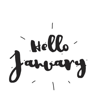 你好1月。手绘设计，书法。矢量图叠加。黑色的