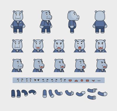 可爱的河马角色在蓝色套装创作套件