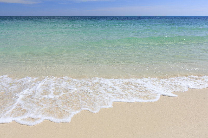 白色沙滩，海浪和夏季热带海洋背景。