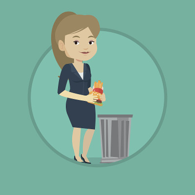 女人扔垃圾食品矢量插图