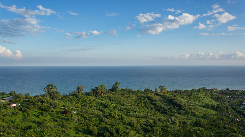 海景，绿色的海岸线。