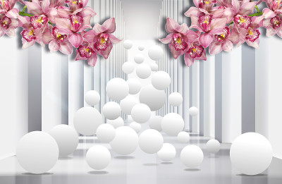 3D墙纸，建筑隧道与兰花和球体。