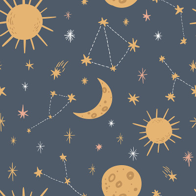 Seamless pattern with sun, moon, stars and constel