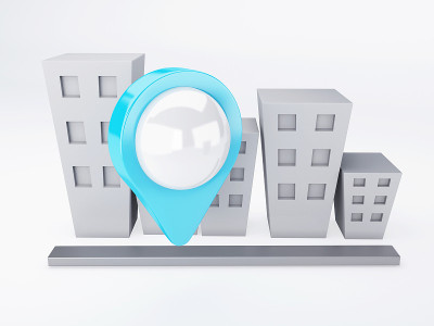 城市与地图指针。全球定位系统(gps)的概念