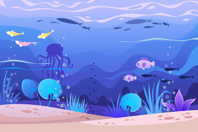 水下卡通景观。海底。鱼、植物、水母。向量水平插图。儿童的环境。背景模板的海报，横幅，小册子，传单