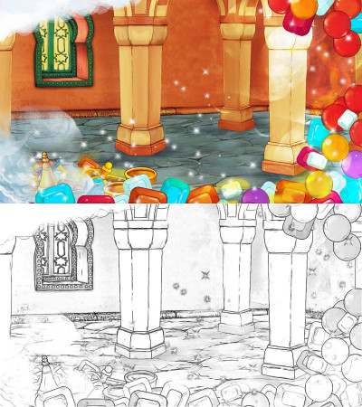 漫画素描场景与中世纪阿拉伯房间宝物-远东饰品和宝库框架-舞台的不同用途-插图