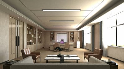 现代办公室和工作空间的3d渲染