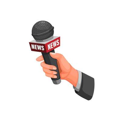记者采访。手持麦克风与新闻符号概念卡通插图矢量上的白色背景