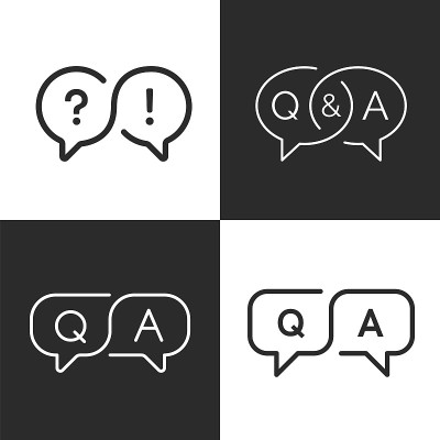 FAQ，问题和回答图标集。Q和A语音泡泡标志。