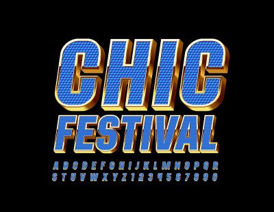 Vector奢侈品海报Chic Festival。纹理蓝色和金色字母和数字