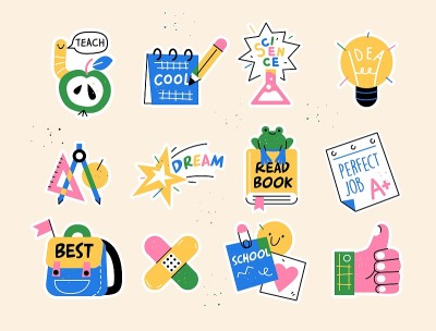 返回学校为学生收集徽章和学习用品。矢量图