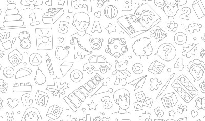 幼儿园教育玩具涂鸦线矢量插图无缝图案。