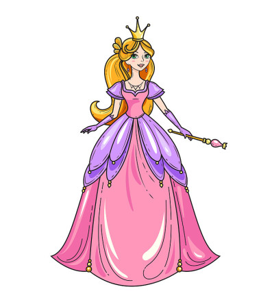 公主站在美丽的裙子与魔术棒。迷人的童话女孩。