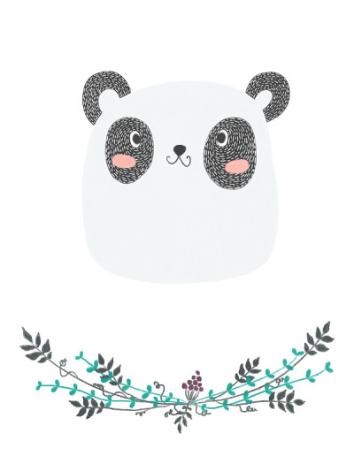 孤立可爱的儿童彩色铅笔手绘贺卡与可爱的熊猫和花圈边界。剪贴艺术栅格艺术与花卉涂鸦和动物性格的儿童房间