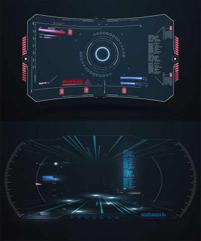未来VR平视显示设计。未来科技展示设计。虚拟现实HUD UI，高科技风格。面板系统互动，游戏指示灯。