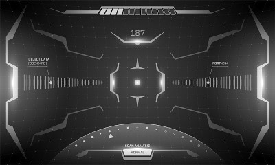 VR HUD界面赛博朋克屏幕黑白设计概念。未来科幻虚拟现实视图抬头显示遮阳板。图形用户界面数字技术飞