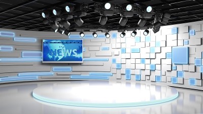 电视演播室。新闻的房间。Blye和红色背景。一般和特写镜头。新闻工作室。演播室背景。编辑部bakgr