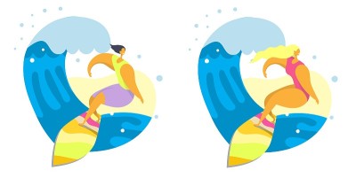 酷酷的冲浪者在冲浪板上冲浪。海滩水上活动，暑假，极限水上运动，矢量。