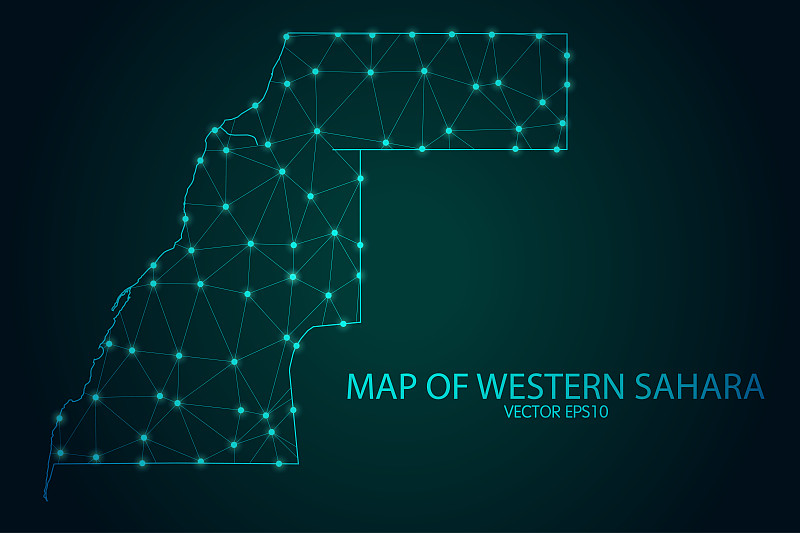 西撒哈拉地图-发光的点和线比例在黑暗的梯度背景，3D网格多边形网络连接