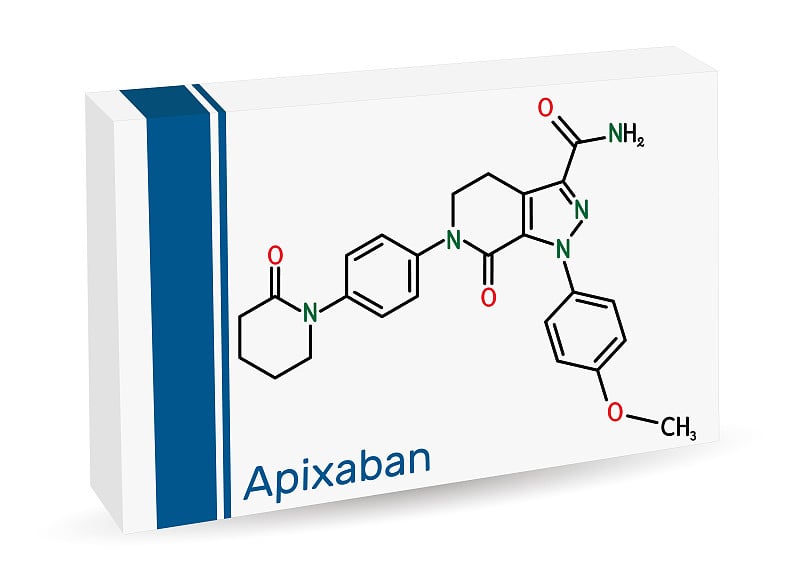 Apixaban分子。它是吡唑吡啶，抗凝血剂和Xa因子的直接抑制剂，用于减少静脉血栓的风险。药品纸包