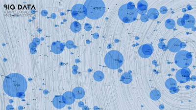 云大数据处理。网络分析。人类关系的表示。科学数据线程散点图。未来的信息图美学设计。空间网络可视化