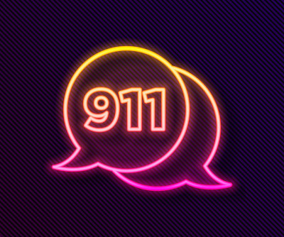 霓虹灯线电话与紧急呼叫911图标孤立在黑色背景。警察，救护车，消防队，电话，电话。向量