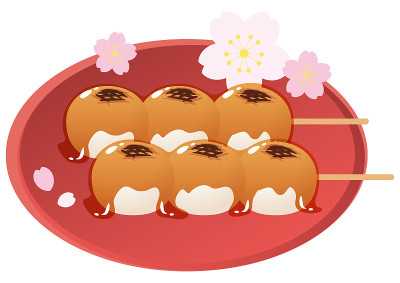 日本传统甜品Mitarashi Dango、Mitarashi饺子、甜酱油味和红圆盘