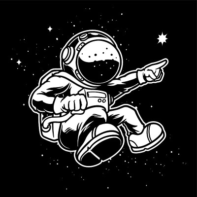 手绘插图可爱的宇航员在太空飞行的黑色白色。