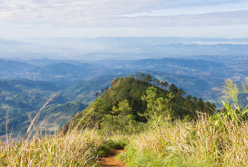 Phu Nom与草地景观，在Phu Langka国家公园泰国Phayao山的天空