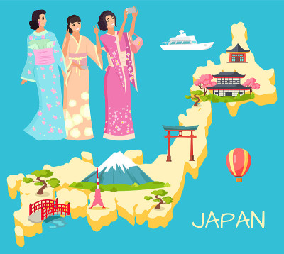 艺伎和日本地图与地标，国家矢量
