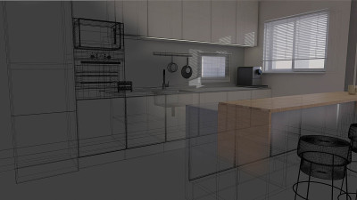 线框风格厨房3d渲染室内场景