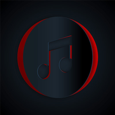 剪纸音乐音符，色调图标孤立在黑色的背景。纸艺术风格。向量
