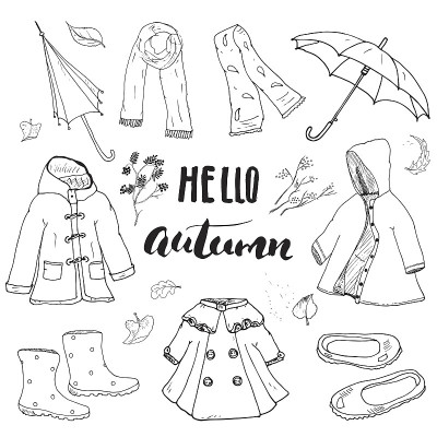 秋季服装套装。手绘涂鸦，字母矢量插图。