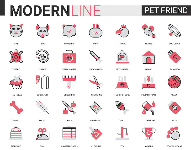 宠物商店薄红黑直线图标矢量插图设置与轮廓兽医符号狗猫蛇鱼老鼠仓鼠兔子鹦鹉鸟宠物护理项目