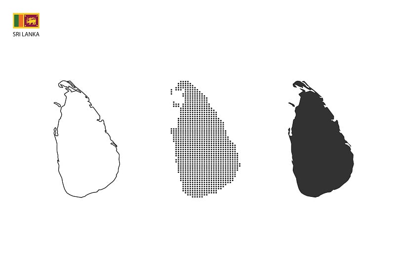 3个版本的斯里兰卡地图城市矢量由细黑色轮廓简约风格，黑点风格和暗影风格。都在白色背景中。