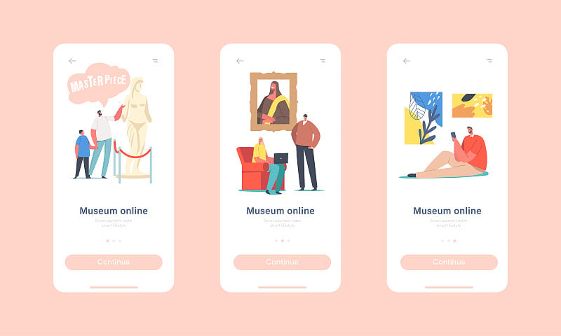 线上展会手机App页面板载屏模板。人物参观美术馆，欣赏名作