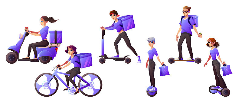 乘坐电动交通工具的快递服务人员