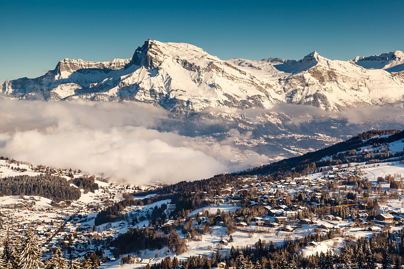 鸟瞰图在法国阿尔卑斯山的滑雪胜地Megeve，法国