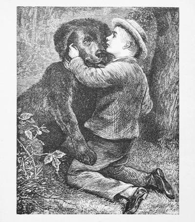 维多利亚黑白插图，大约1884年，小男孩拥抱他的宠物狗的肖像